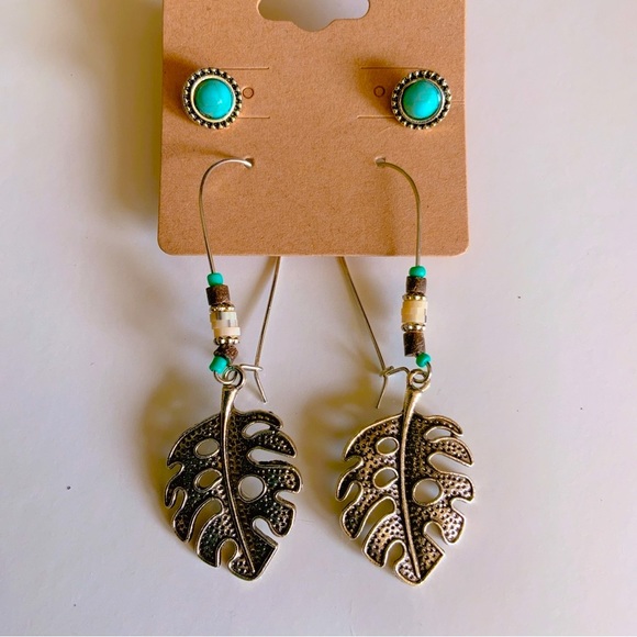 Boho Silver Tone Aqua Beaded Leaf Dangle Earrings and Turquoise Studs - Picture 14 of 16